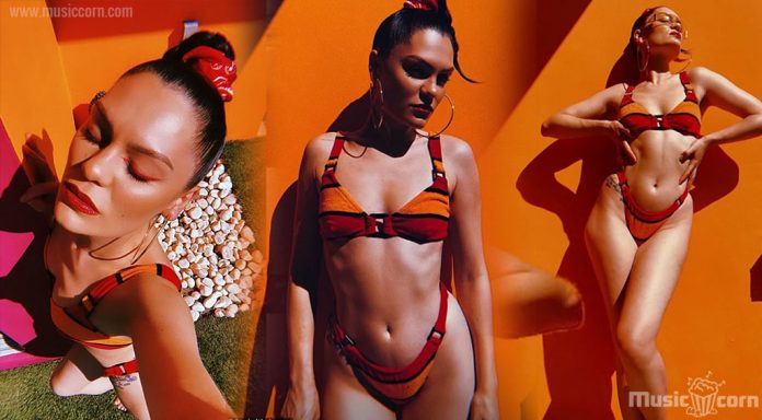 Jessie J shows her toned figure in a Red & Orange Striped Bikini